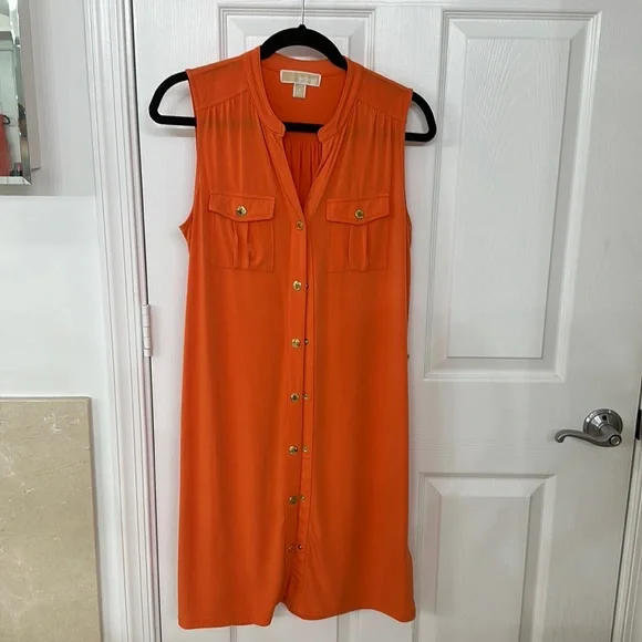 michael kors orange shirt dress Michael Kors Orange Geometric Chain Link Print Belted Shirt Dress Easter Sz S